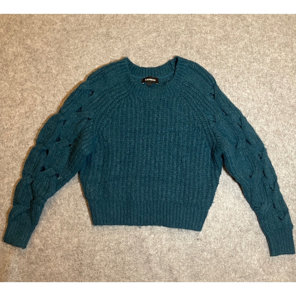 Express Womens Teal Blue Open Cable Knit Sleeve Cropped Ribbed Sweater XS